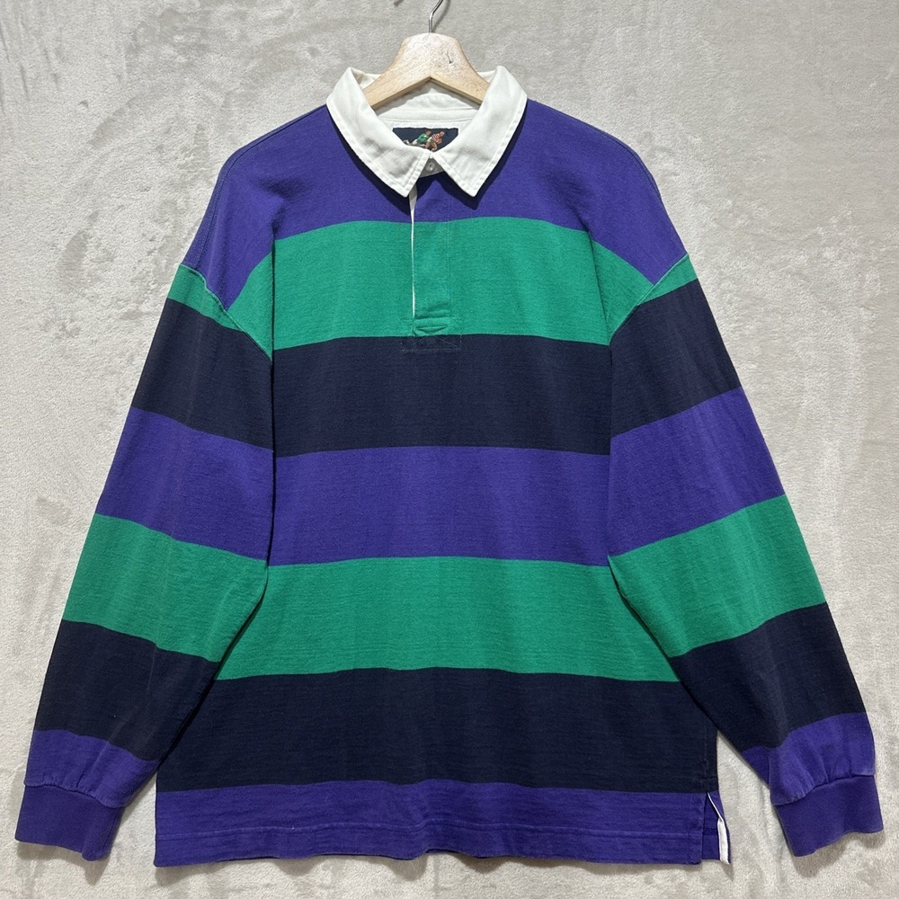 Lands End Rugby Polo Shirt Men's M Horizontal Stripes‎ Long Sleeve Collared Slit